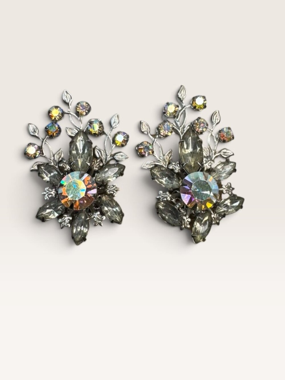 1950s Judy Lee Smoke Gray Navette AB Crystal Rhinestone Vine Clip Earrings 1.91"